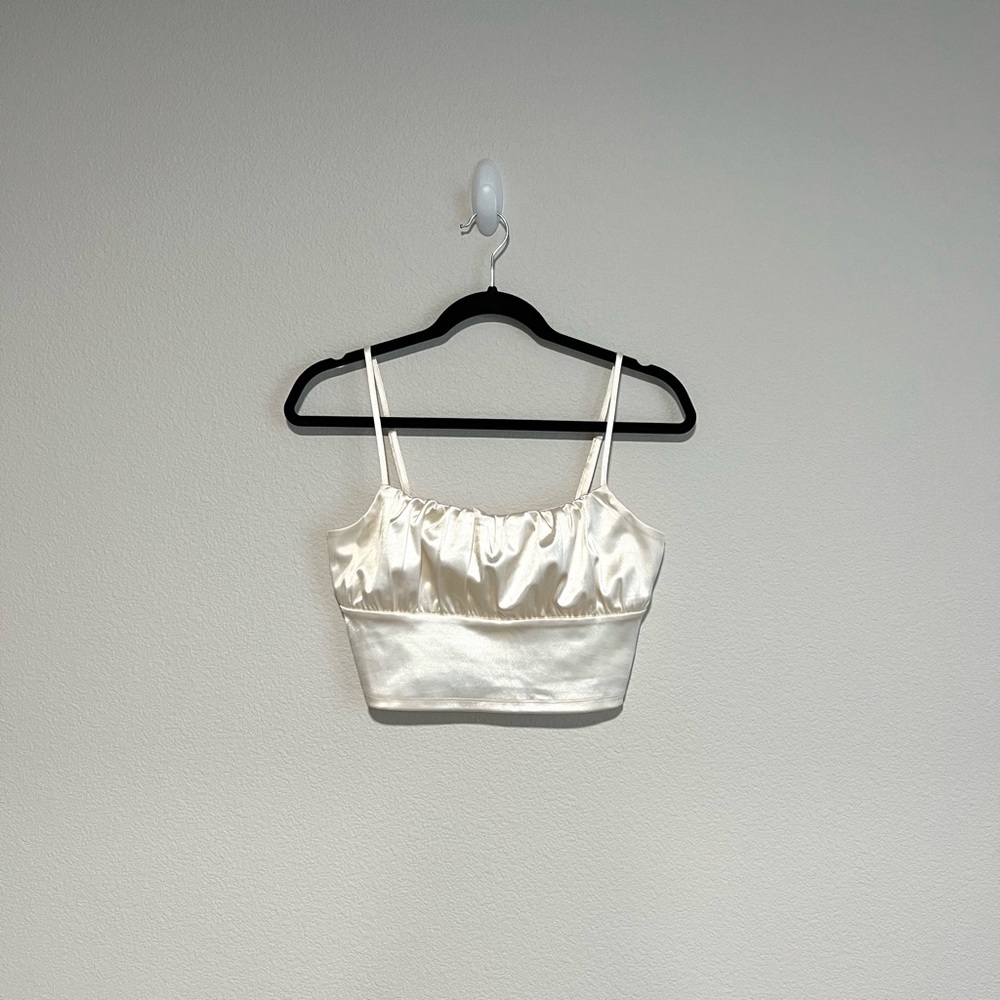 Divided- Ivory Spaghetti Strap Crop Top, Ruche Detail, Size Small